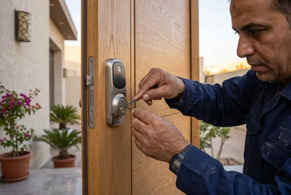 فني يفتح قفل باب خشبي حديث بأدوات دقيقة بالأحمدي