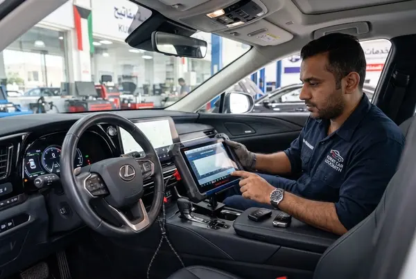 فني يقوم بربط جهاز برمجة إلكتروني حديث بداخل سيارة لبرمجة المفاتيح الذكية والريموتات