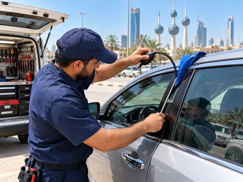 فتح سيارة في الكويت بأداة هوائية دون خدش الطلاء، بعد قفل المفتاح داخل السيارة