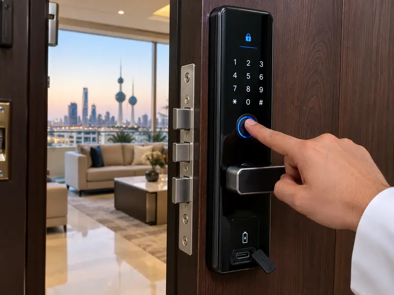 قفل ذكي بالبصمة على باب شقة في الكويت، مع منفذ بطارية الطوارئ أسفل القفل لتشغيله عند نفاد البطارية